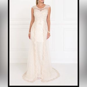 Hand-Beaded Elizabeth K GLS Wedding Dress w/ Tulle Overlay, Size L Model GL1539